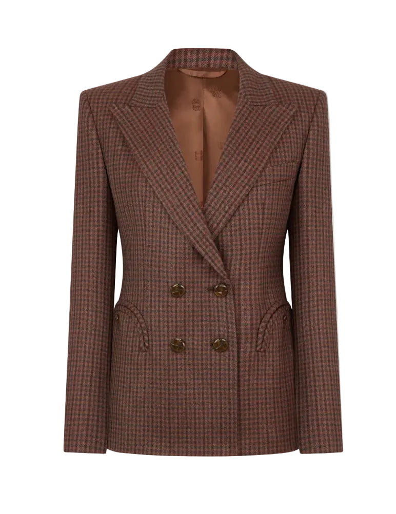 The Moat Charmer Blazer by Blaze Milano features a brown and burgundy houndstooth wool, peak lapels, hourglass cut, two pockets, and brown buttons on a plain background.