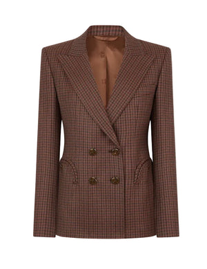 The Moat Charmer Blazer by Blaze Milano features a brown and burgundy houndstooth wool, peak lapels, hourglass cut, two pockets, and brown buttons on a plain background.