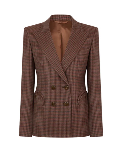 The Moat Charmer Blazer by Blaze Milano features a brown and burgundy houndstooth wool, peak lapels, hourglass cut, two pockets, and brown buttons on a plain background.