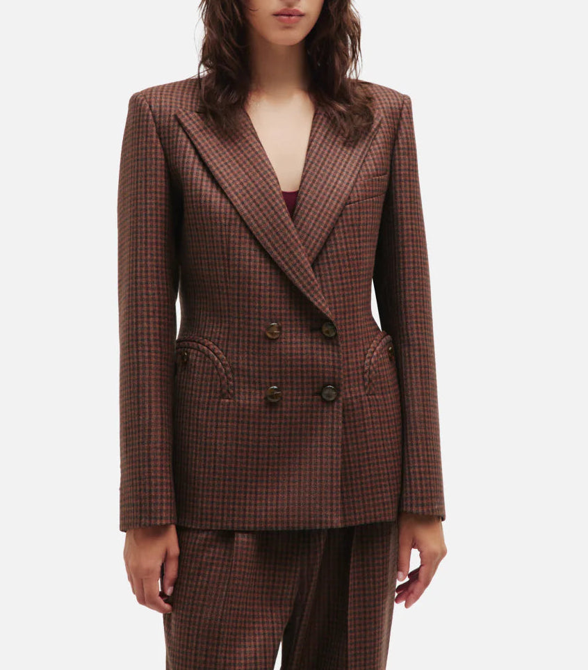 Model wearing the Blaze Milano Moat Charmer Blazer, a brown checkered double-breasted wool design with matching pants, set against a plain white background.