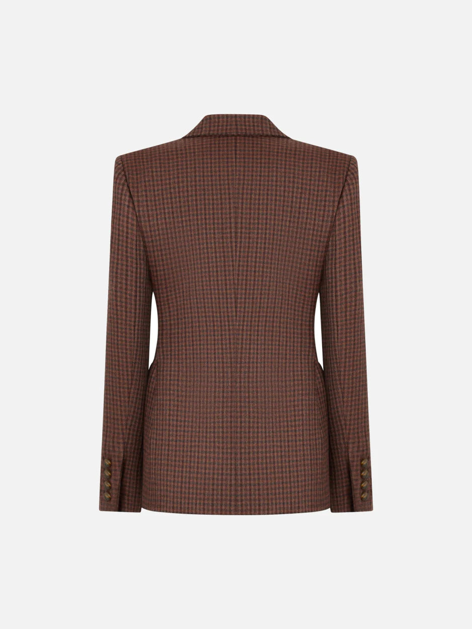Back view of the Moat Charmer Blazer by Blaze Milano in brown checked wool with notched collar and buttoned cuffs, shown on a plain white background.