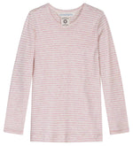 The Serendipity Kids’ Slim Rib Stripe Tee features long sleeves, light pink and white horizontal stripes, a round neckline, and a visible tag inside the collar.
