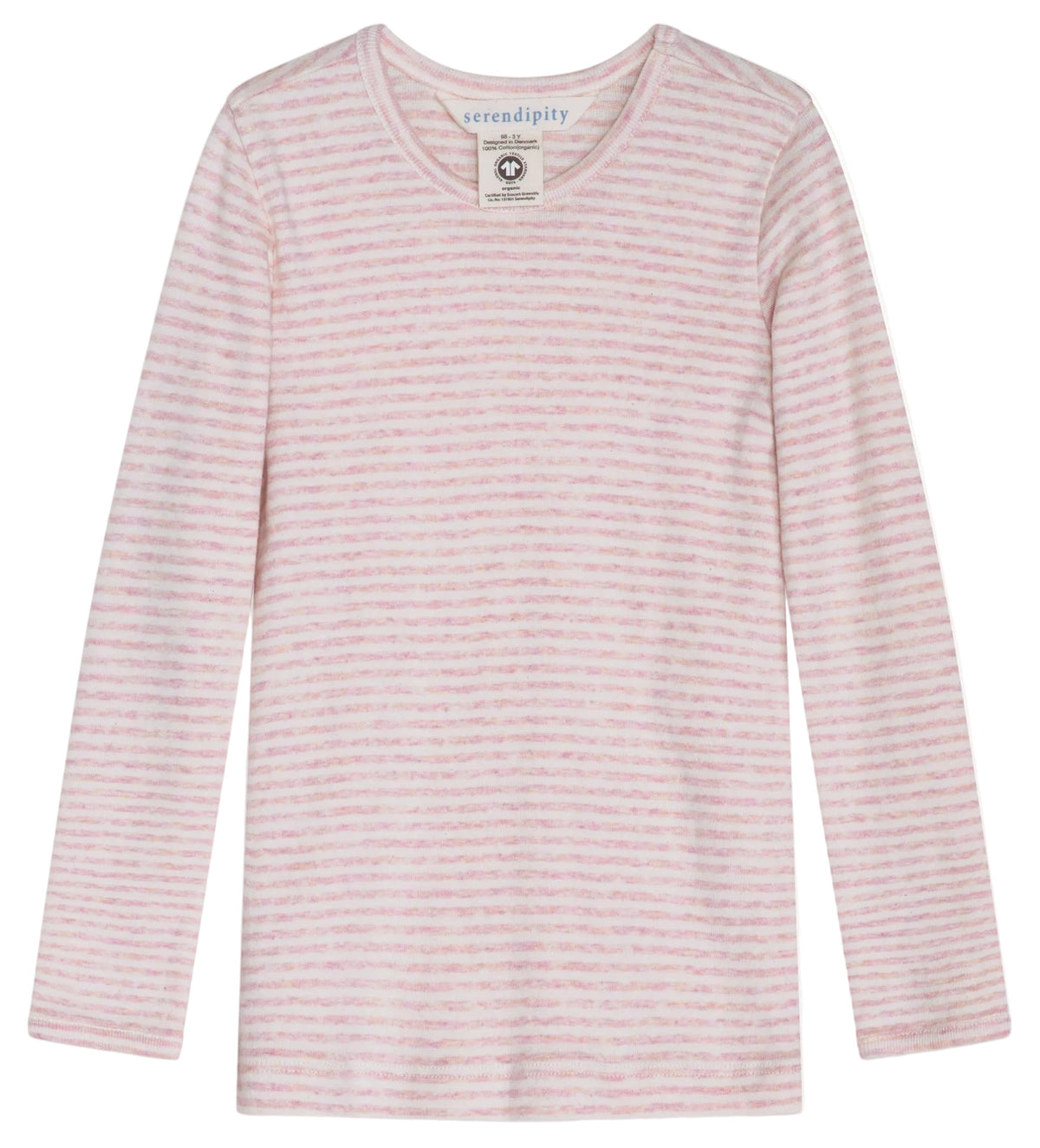The Serendipity Kids’ Slim Rib Stripe Tee features long sleeves, light pink and white horizontal stripes, a round neckline, and a visible tag inside the collar.