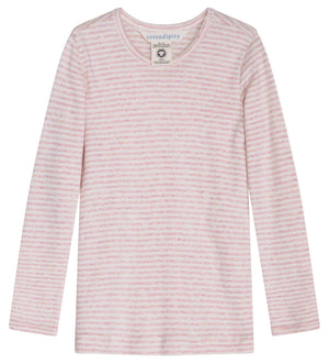 The Serendipity Kids’ Slim Rib Stripe Tee features long sleeves, light pink and white horizontal stripes, a round neckline, and a visible tag inside the collar.