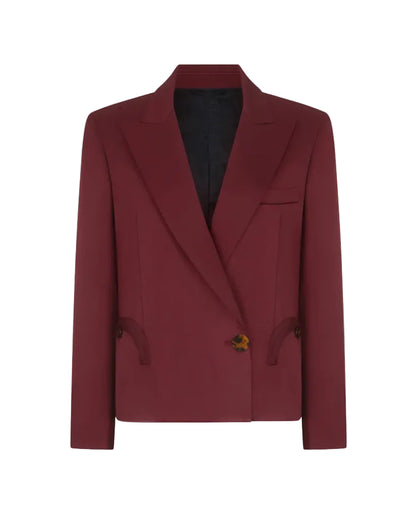 The Novalis Sunfire Blazer by Blaze Milano is single-breasted, dark red, with a notched lapel, black lining, two front pockets, and brown buttons on a white background.