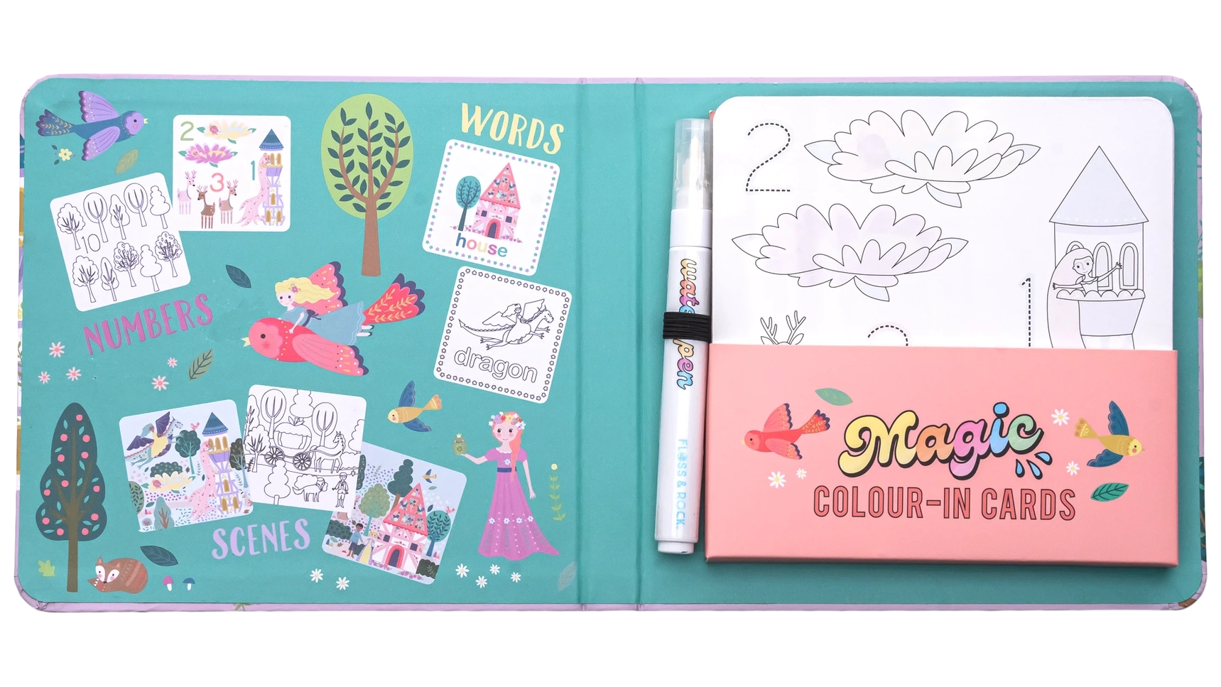 The Floss and Rock Fairy Tale Water Pen & Cards features an open children’s activity book with numbers, words, and scenes to color. It includes a water pen, “Magic Colour-In Cards” stored in an envelope, as well as reusable coloring cards and fun color-changing water cards for endless creative play on the go.