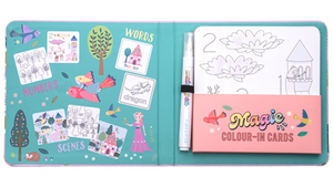 The Floss and Rock Fairy Tale Water Pen & Cards features an open children’s activity book with numbers, words, and scenes to color. It includes a water pen, “Magic Colour-In Cards” stored in an envelope, as well as reusable coloring cards and fun color-changing water cards for endless creative play on the go.