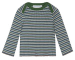 The Serendipity Baby Rib Knit Blouse features long sleeves and horizontal green, blue, and gray stripes, accented by a green collar and a signature Serendipity label at the neckline. Made from soft GOTS certified organic cotton for gentle comfort.