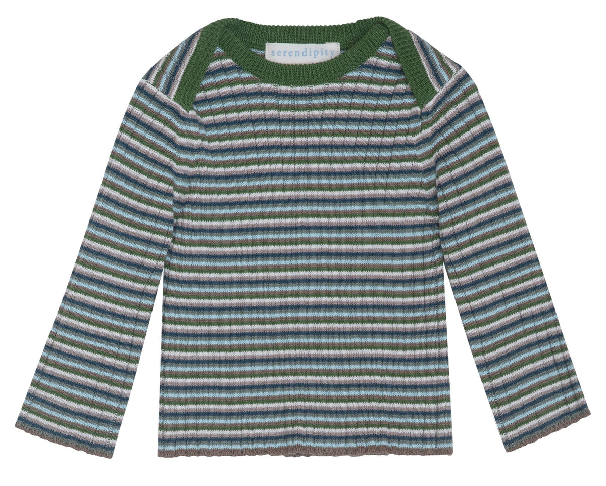 The Serendipity Baby Rib Knit Blouse features long sleeves and horizontal green, blue, and gray stripes, accented by a green collar and a signature Serendipity label at the neckline. Made from soft GOTS certified organic cotton for gentle comfort.