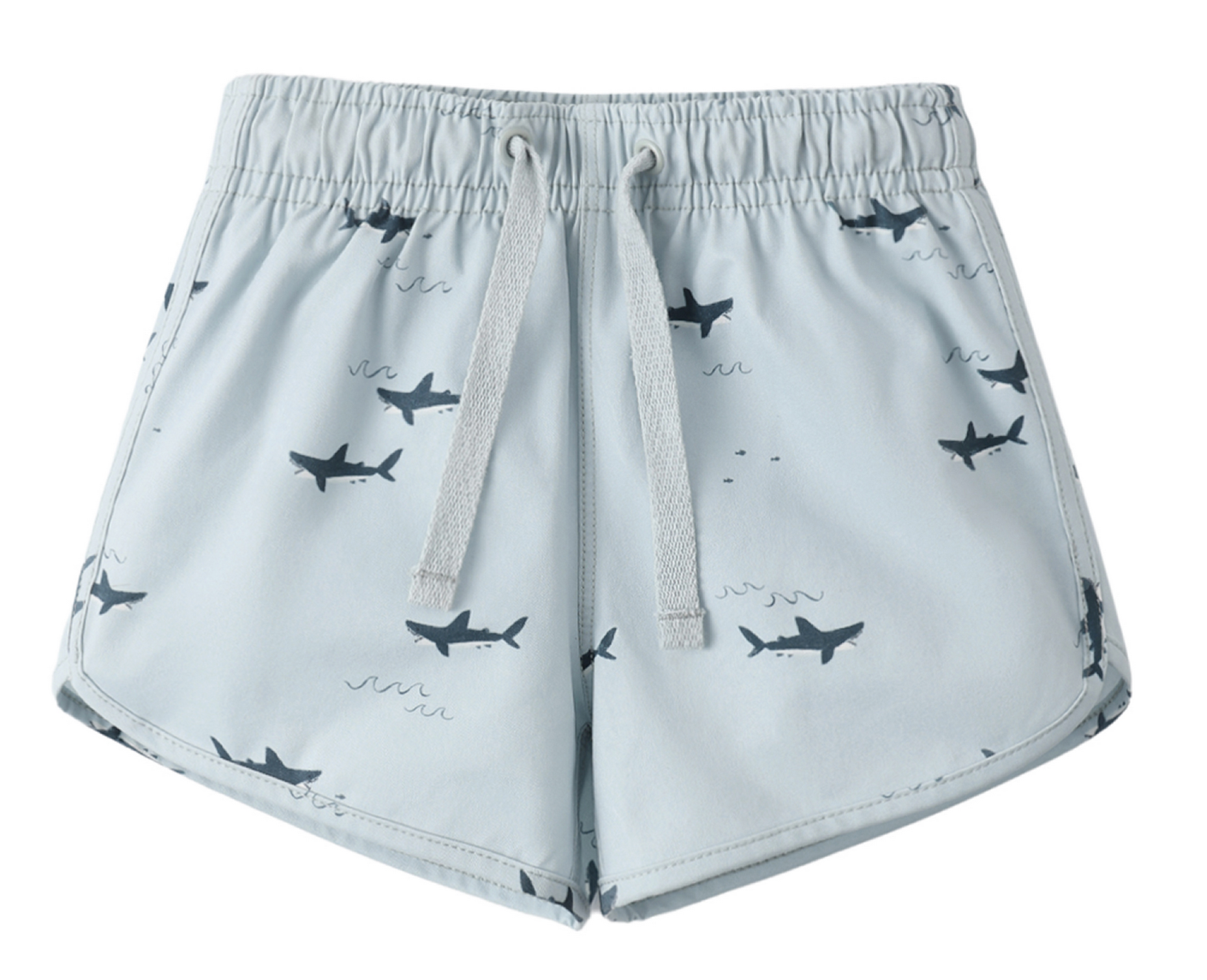 The Rylee & Cru Baby Boys' and Boys' Swim Trunk features a light blue color, elastic waistband, drawstring, dark blue airplane pattern, and UPF 50+ protection—perfect for sunny days at the pool or beach.