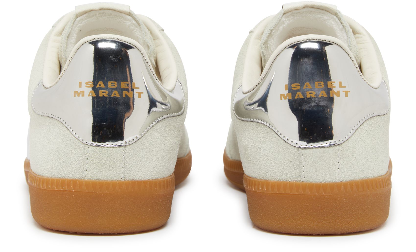 The Bryce sneakers by Isabel Marant feature a back view of suede calfskin leather with silver heel tabs and "Isabel Marant" embossed in gold.