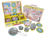 The Floss and Rock Musical Kitchen Set 12 Piece - Rainbow Fairy is a vibrant unicorn-themed play set designed for imaginative play, featuring cups, plates, utensils, a musical teapot, trays, and a matching carrying case—neatly arranged on a white background.