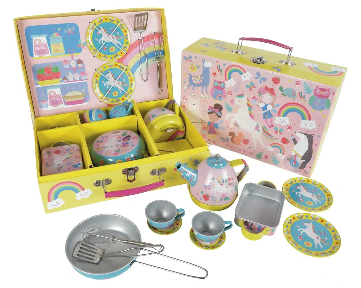The Floss and Rock Musical Kitchen Set 12 Piece - Rainbow Fairy is a vibrant unicorn-themed play set designed for imaginative play, featuring cups, plates, utensils, a musical teapot, trays, and a matching carrying case—neatly arranged on a white background.