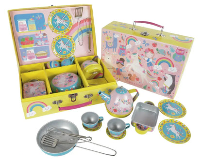 The Floss and Rock Musical Kitchen Set 12 Piece - Rainbow Fairy is a vibrant unicorn-themed play set designed for imaginative play, featuring cups, plates, utensils, a musical teapot, trays, and a matching carrying case—neatly arranged on a white background.