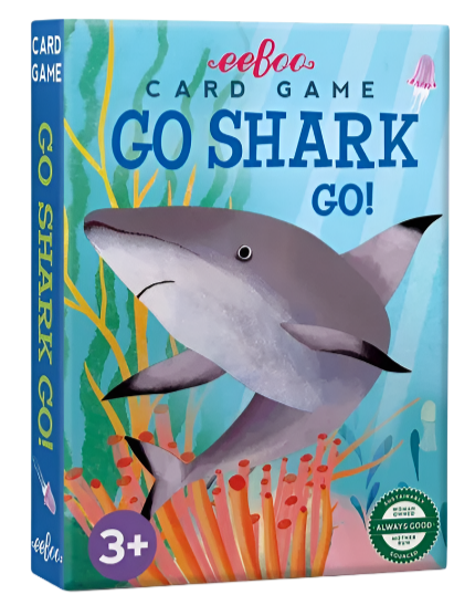 A vibrant box for Eeboo's "Go Shark Go! Playing Cards" features a shark swimming among coral, a "3+" age label, and an "Always Good" seal—a fun, family-friendly card game and creative twist on Go Fish.