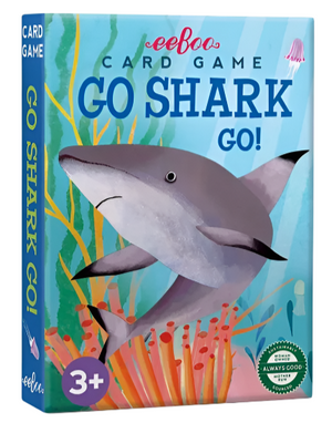 A vibrant box for Eeboo's "Go Shark Go! Playing Cards" features a shark swimming among coral, a "3+" age label, and an "Always Good" seal—a fun, family-friendly card game and creative twist on Go Fish.