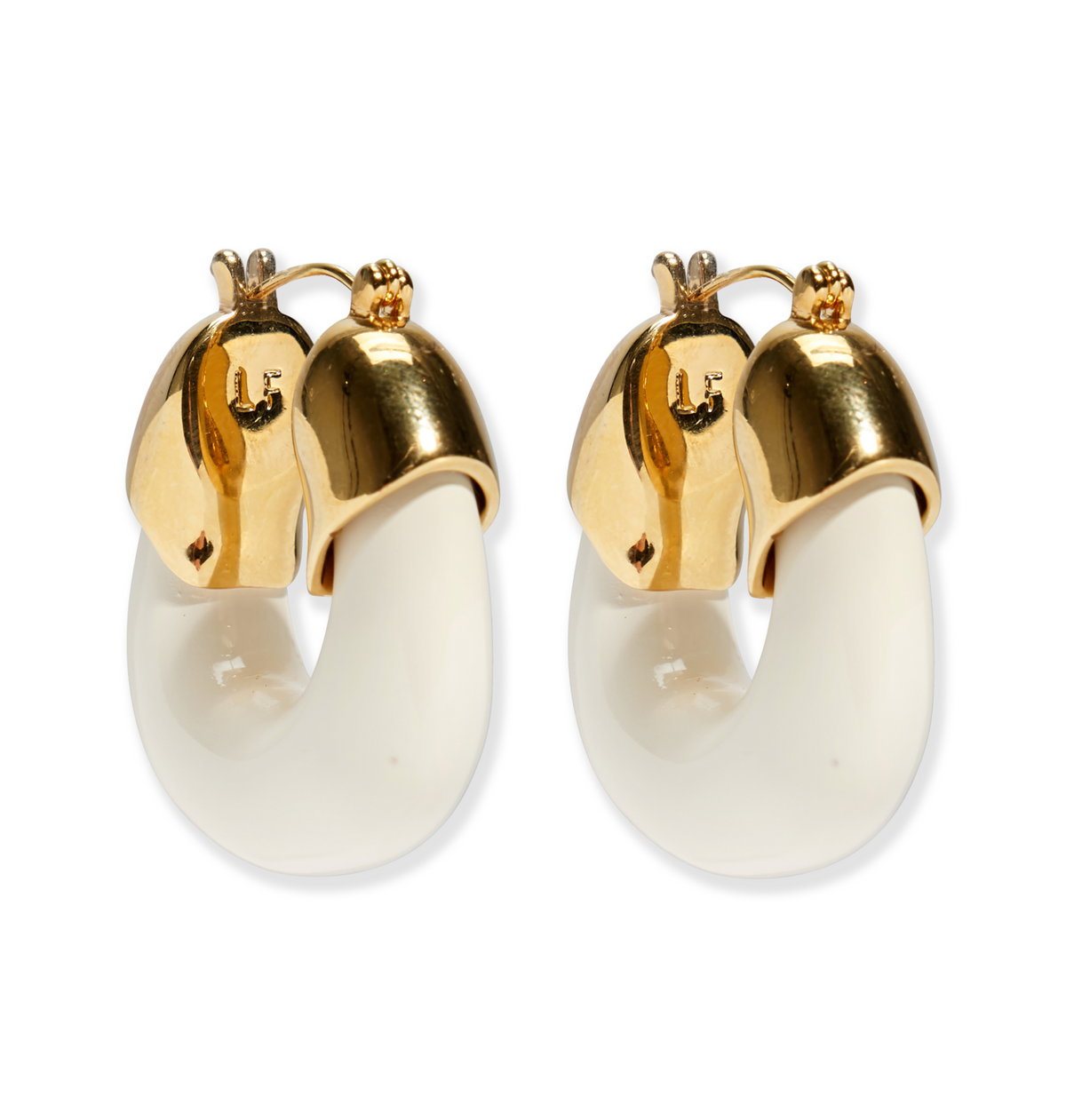Lizzie Fortunato Organic Gold Hoops featuring gold-tone metal tops and thick white resin bottoms, shown on a white background.
