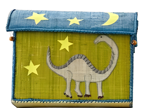 A Rice Raffia Toy Basket by the brand Rice, featuring a dinosaur illustration surrounded by stars and a crescent moon on a green background, crafted from natural materials reminiscent of handmade creations from Madagascar.