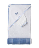 The Kissy Kissy Whale Pods Hooded Towel with Mitt features ultra-soft Pima cotton in white, accented with blue trim and a charming embroidered whale, plus a matching wash mitt and blue-and-white striped hem—an ideal set for cozying up your baby after bathtime.