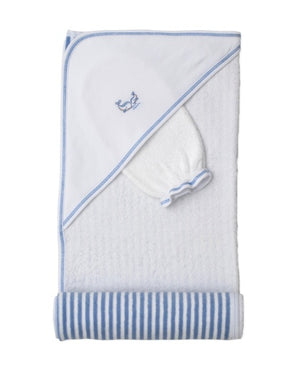 The Kissy Kissy Whale Pods Hooded Towel with Mitt features ultra-soft Pima cotton in white, accented with blue trim and a charming embroidered whale, plus a matching wash mitt and blue-and-white striped hem—an ideal set for cozying up your baby after bathtime.