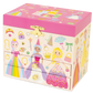 The Floss and Rock Musical Jewelry Box - Princess is a pink and cream jewelry box adorned with colorful princess illustrations, crowns, jewels, and dresses. Featuring two drawers and a golden latch on the front, this enchanting box plays a delightful carousel waltz when opened—a magical way to store every treasured item inside.