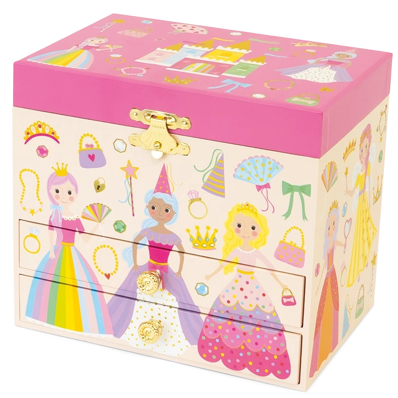 The Floss and Rock Musical Jewelry Box - Princess is a pink and cream jewelry box adorned with colorful princess illustrations, crowns, jewels, and dresses. Featuring two drawers and a golden latch on the front, this enchanting box plays a delightful carousel waltz when opened—a magical way to store every treasured item inside.