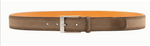 The Magnanni Telante Belt is crafted from brown suede leather with a silver brushed nickel buckle and a vibrant orange inner lining, shown laid flat.