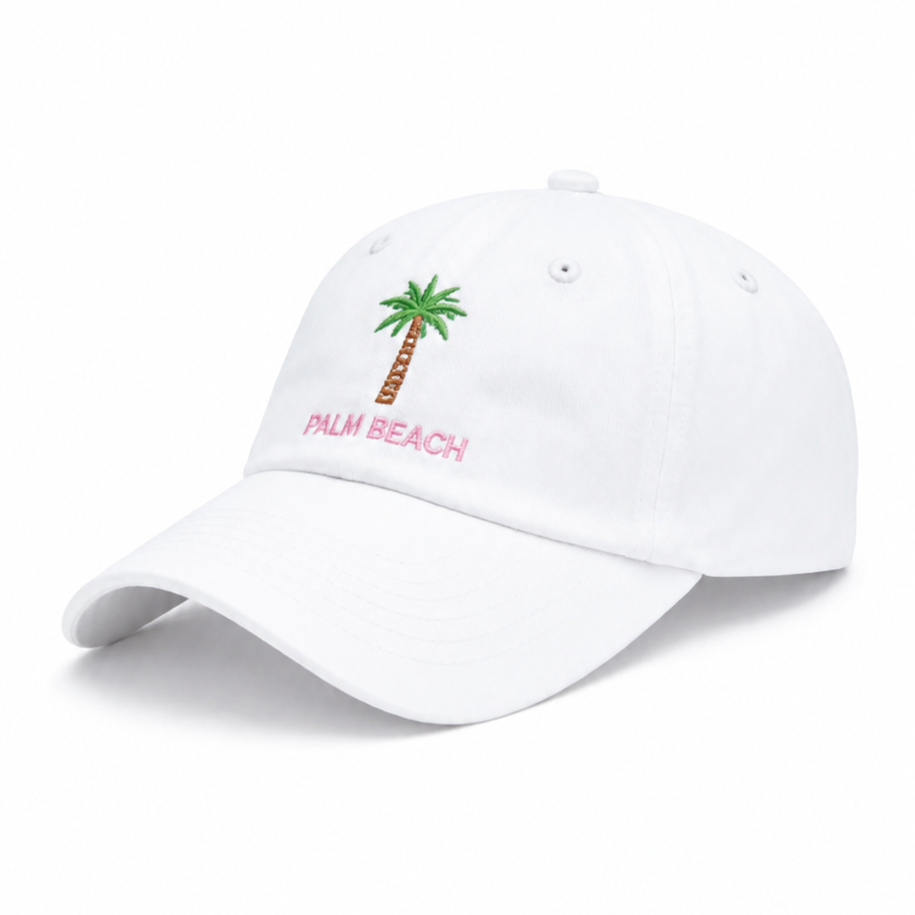 Introducing the Palm Beach Hat by Bits & Bows, featuring a lively embroidered green palm tree and cheerful “PALM BEACH” pink lettering on the front. This adorable pink and green girls’ baseball hat is ideal for sunny outings or beachside adventures.