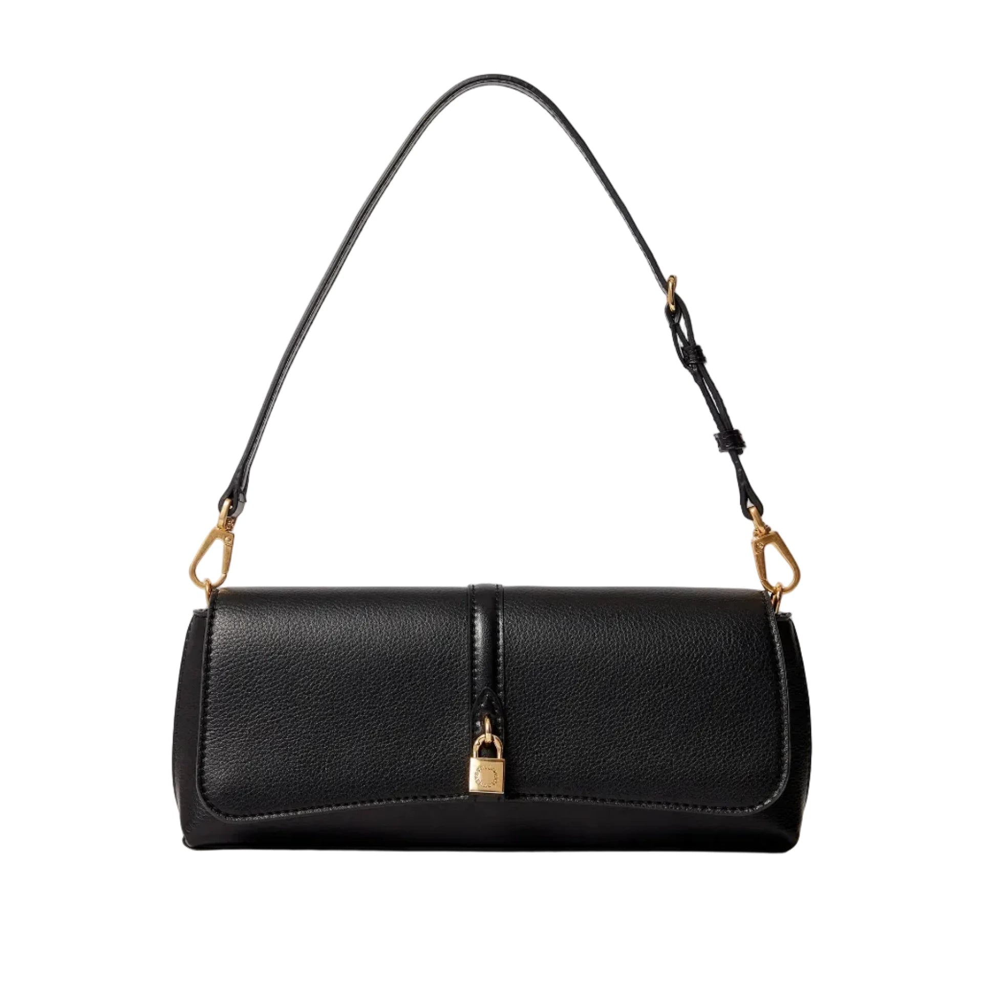 The Ryder Pouchette Shoulder Bag by Stella McCartney is a black, cruelty-free luxury piece featuring a short adjustable strap, gold-tone hardware, and a small lock on the front flap, shown against a white background.