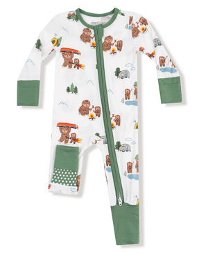 The Angel Dear Baby 2-Way Zipper Romper features green cuffs, a zipper, and soft bamboo fiber. Adorned with a bear camping and fishing print on white, it’s the perfect cozy footless PJ for infants.