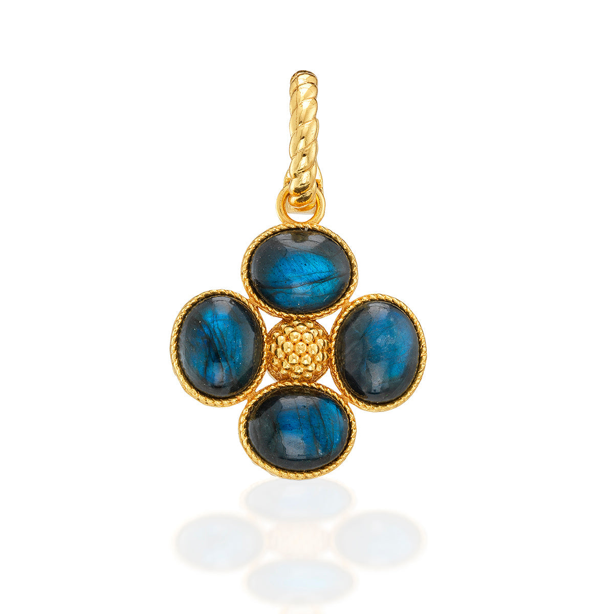 The Berry Clover Double Sided Pendant by Juliska Capucine De Wulf features four oval blue stones in a floral gold setting, a textured center, and twisted bail—an elegant lucky charm perfect for any occasion.