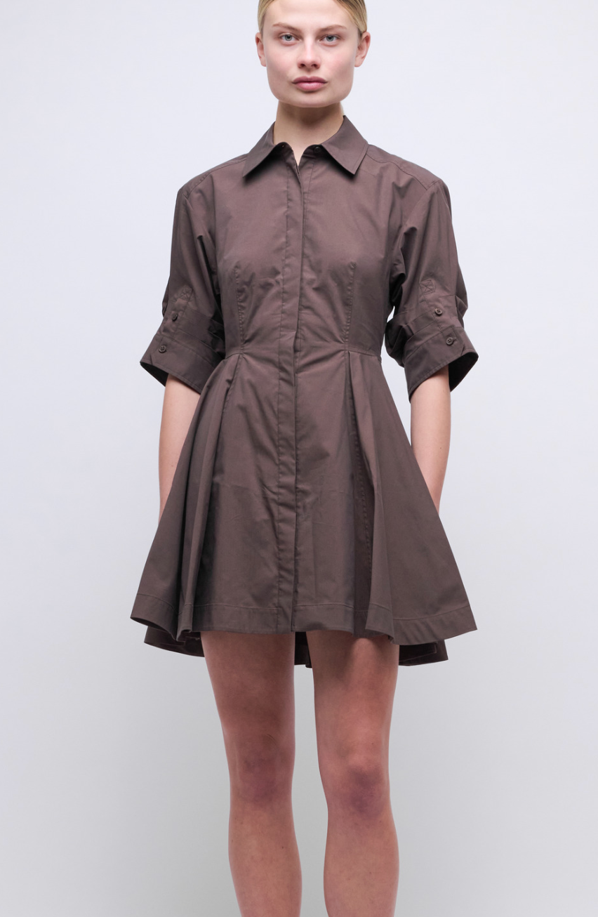 A model wears the Simkhai Jazzie Mini Dress, a brown collared, button-down cotton poplin dress with short sleeves and a flared skirt, set against a plain light background.