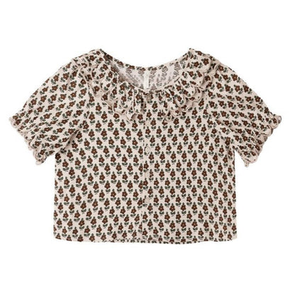 The Girls' Live Blouse by Rylee & Cru features short sleeves, a brown floral print, ruffled sleeve edges, and a scalloped collar, all shown on a flat white background.