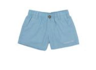 The Boys' Mallard Short by Properly Tied features an elastic waistband, button closure, and side pockets in light blue quick-dry fabric. Shown against a white background.