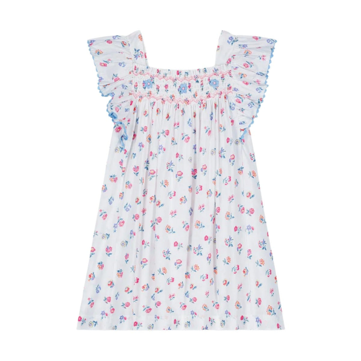 The Girls' Martine Dress by Louise Misha is a white, sleeveless cotton poplin dress for children, featuring floral patterns, a gathered bodice, and ruffled shoulders with blue trim.