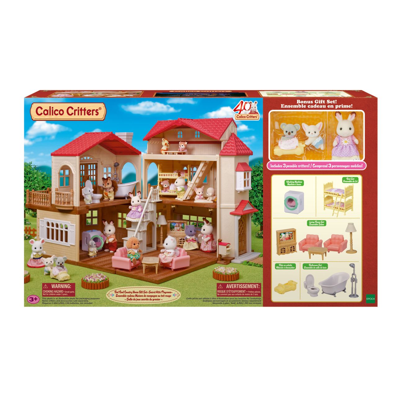 Calico Critters Red Roof Country Home Gift Set box displaying a Sylvanian Families dollhouse playset, animal figurines, furniture, and additional gift set items on the right.