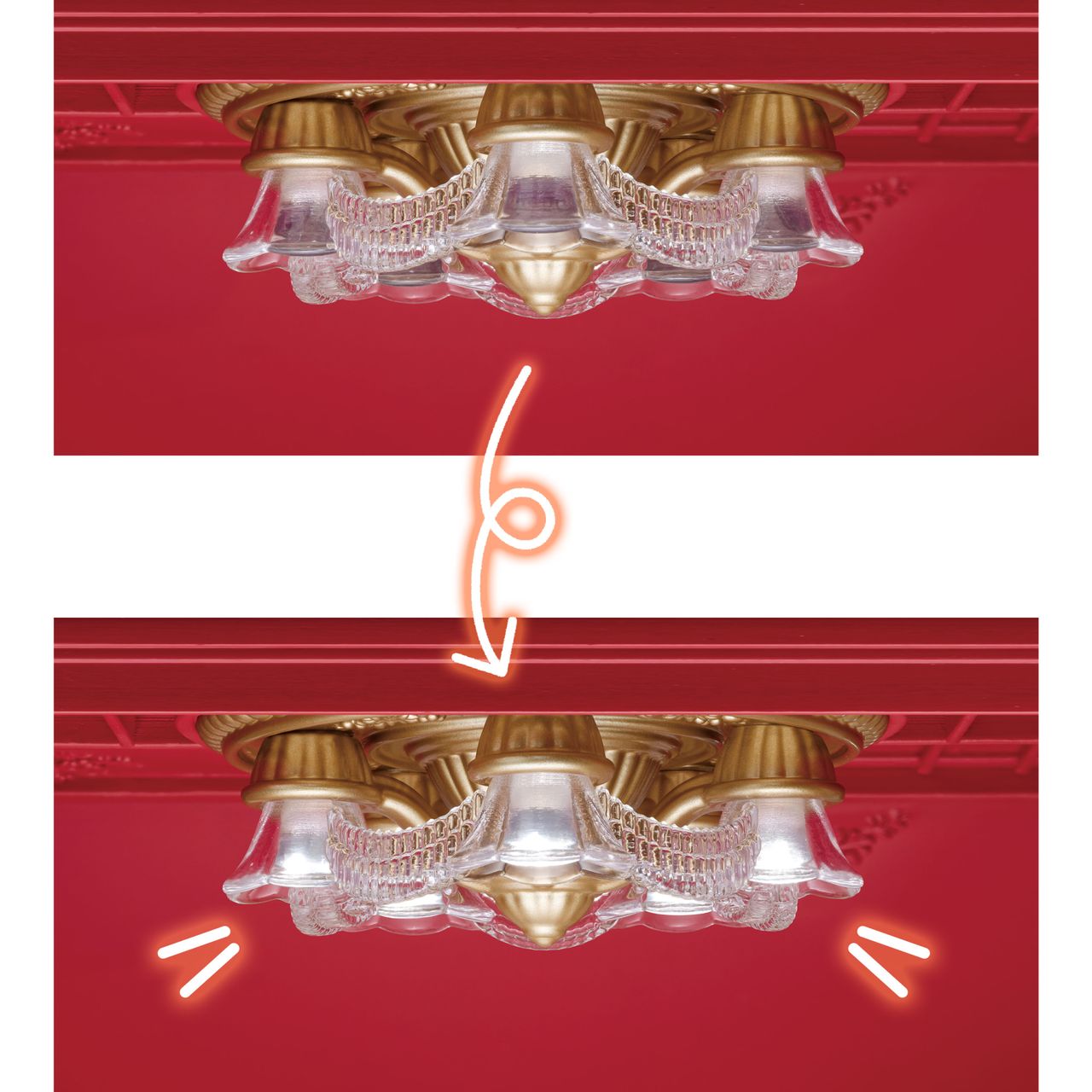 Two images of the Calico Critters Red Roof Riverside Manor chandelier: the top image shows it turned off, and the bottom image shows it turned on, with a curved arrow indicating the change—perfect lighting inspiration for your mini mansion or whimsical playroom.