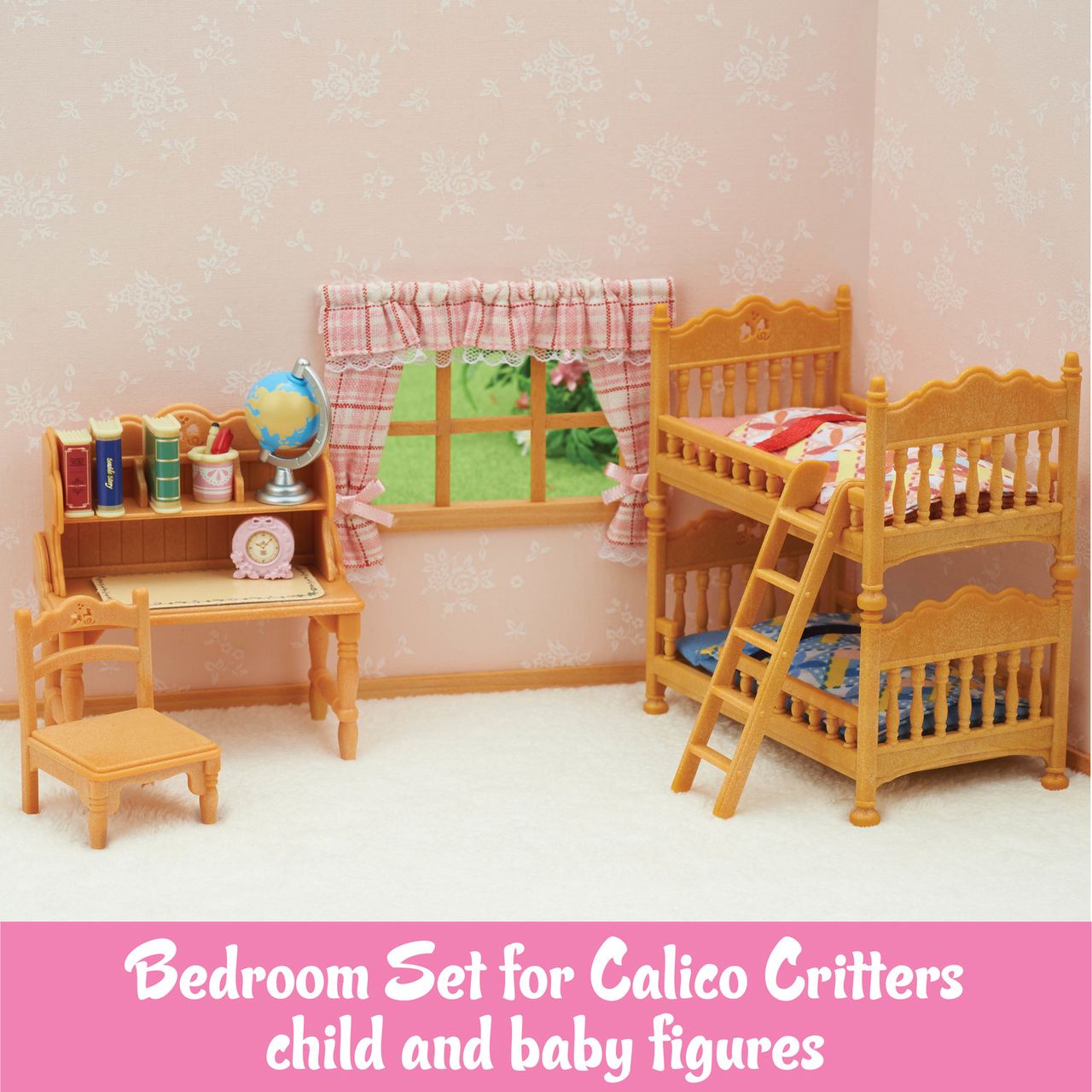Children’s Bedroom Set by Calico Critters includes wooden bunk beds, a desk, chair, books, globe, and window—perfectly designed as charming dollhouse furniture for Calico Critters child and baby figures. Features pink walls decorated with a lovely floral pattern.