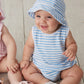 A baby smiles while wearing the Kissy Kissy Baby Cabana Terry Stripes Sun Hat with a matching blue and white romper, sitting on a wooden floor. Another baby in pink is partially visible beside them.