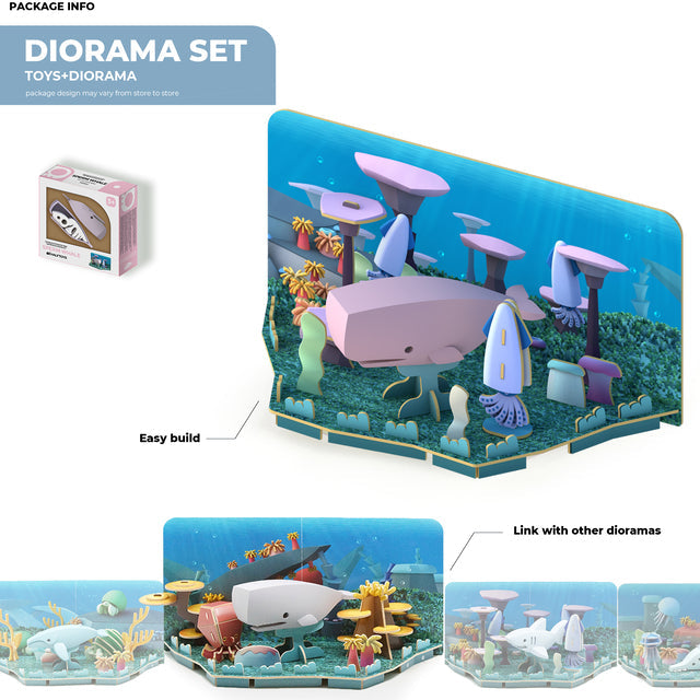 The Halftoys Ocean Friends is a diorama set that showcases underwater scenes with components such as a shark, fish, and corals. The box prominently displays "Halftoys Ocean Friends," highlighting its easy assembly and compatibility with other diorama sets from Halftoys.