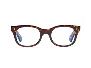 Front view of Caddis Bixby Readers featuring rectangular tortoiseshell frames and clear lenses, ideal for smaller faces.