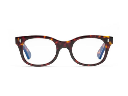 Front view of Caddis Bixby Readers featuring rectangular tortoiseshell frames and clear lenses, ideal for smaller faces.