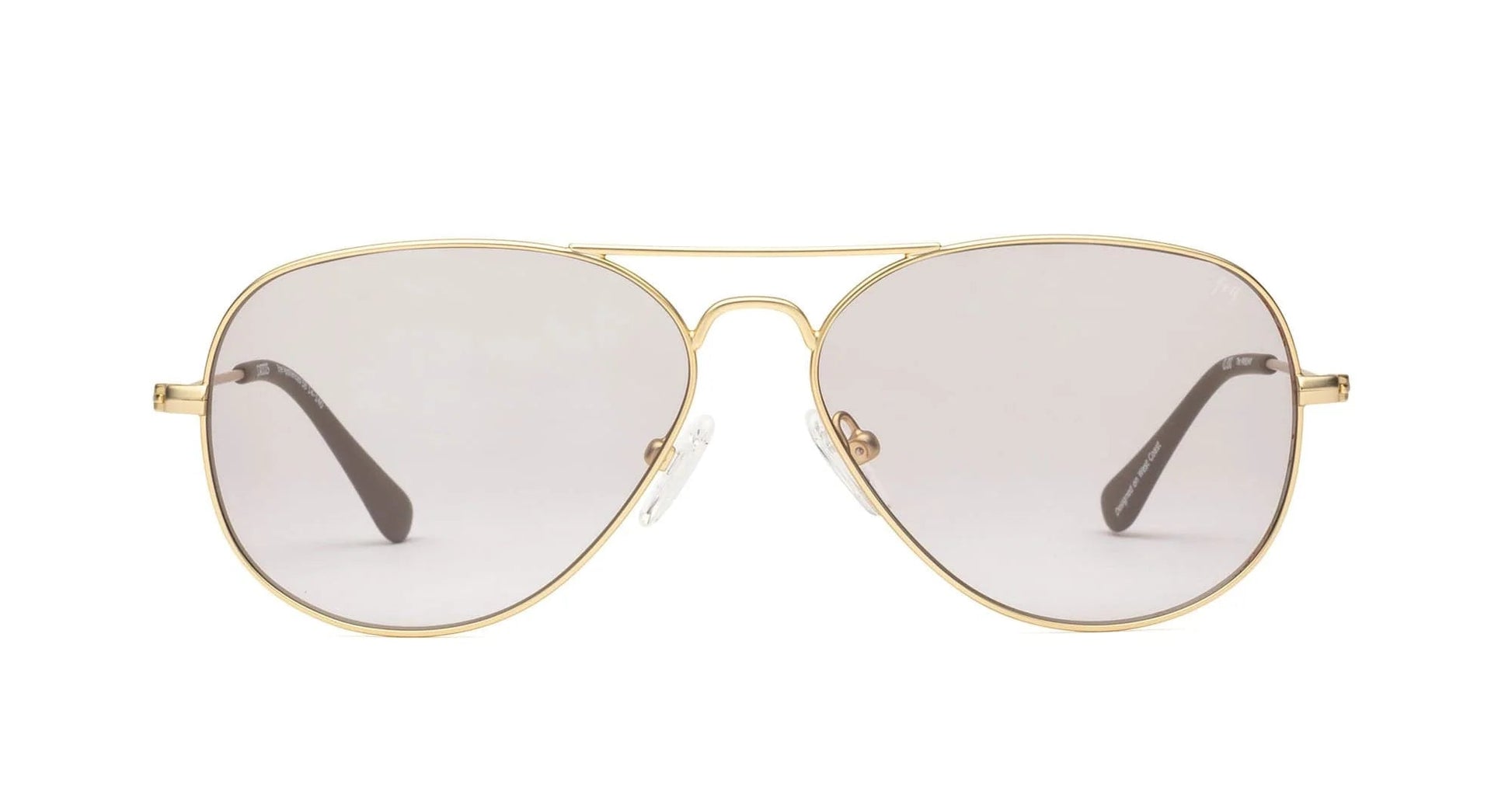 The Caddis Mabuhay Readers by Caddis are gold-framed aviator-style reading glasses featuring light-tinted lenses and a classic wire frame design, displayed facing forward against a white background.