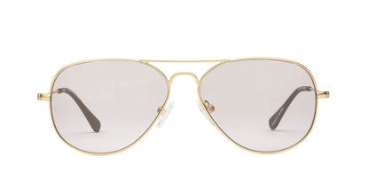 The Caddis Mabuhay Readers by Caddis are gold-framed aviator-style reading glasses featuring light-tinted lenses and a classic wire frame design, displayed facing forward against a white background.