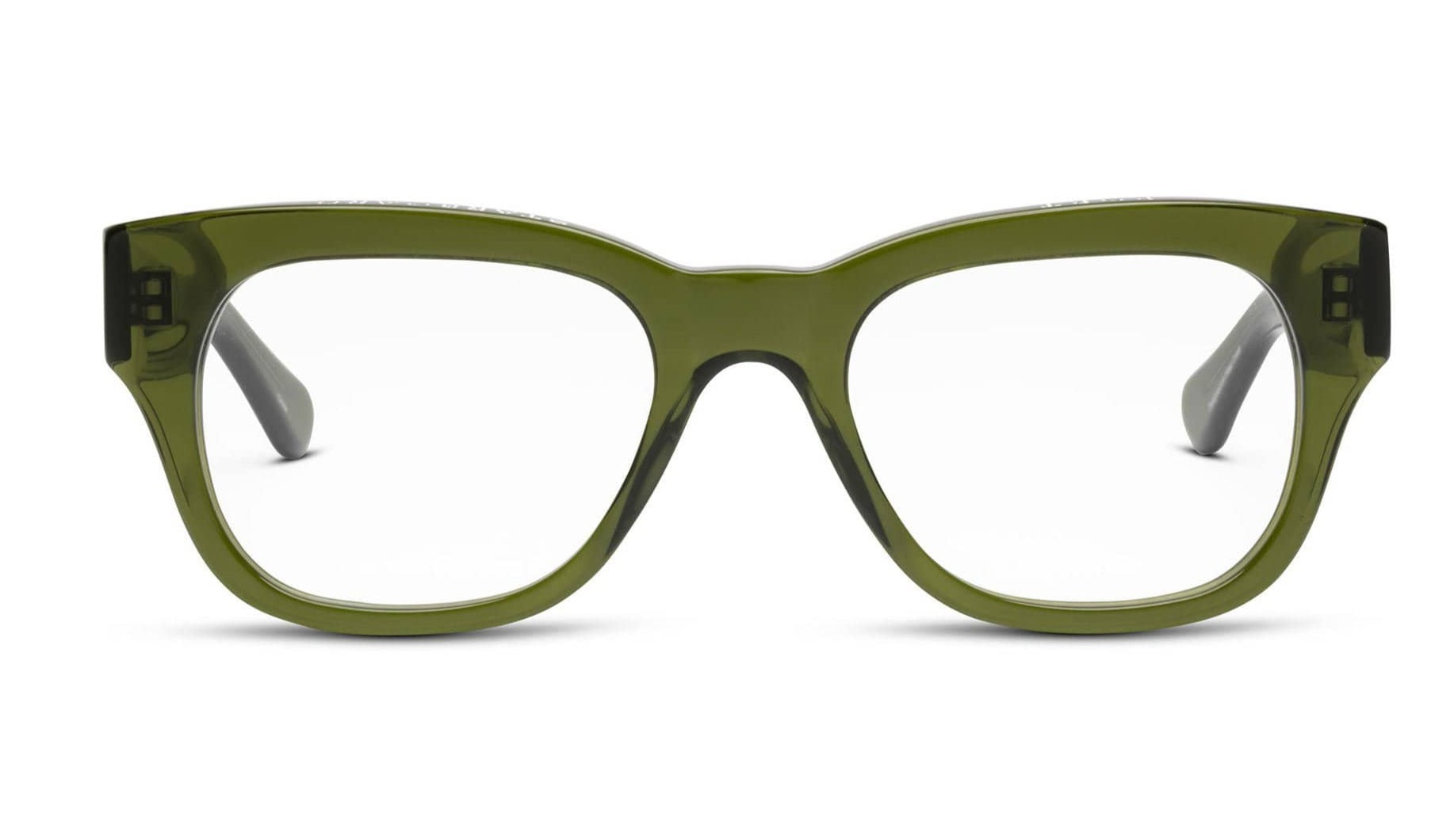 The Miklos Readers by Caddis are green rectangular eyewear frames ideal for larger faces. Featuring clear lenses, they offer a perfect blend of style and functionality against a plain white background.