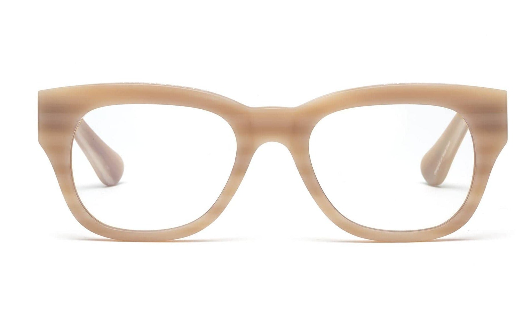 A pair of Caddis Miklos Readers with a beige frame on a white background.