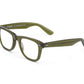 Olive green rectangular Porgy Backstage Readers by Caddis, featuring clear, scratch-resistant lenses and thick premium acetate frames; brand name and size printed inside the left arm.