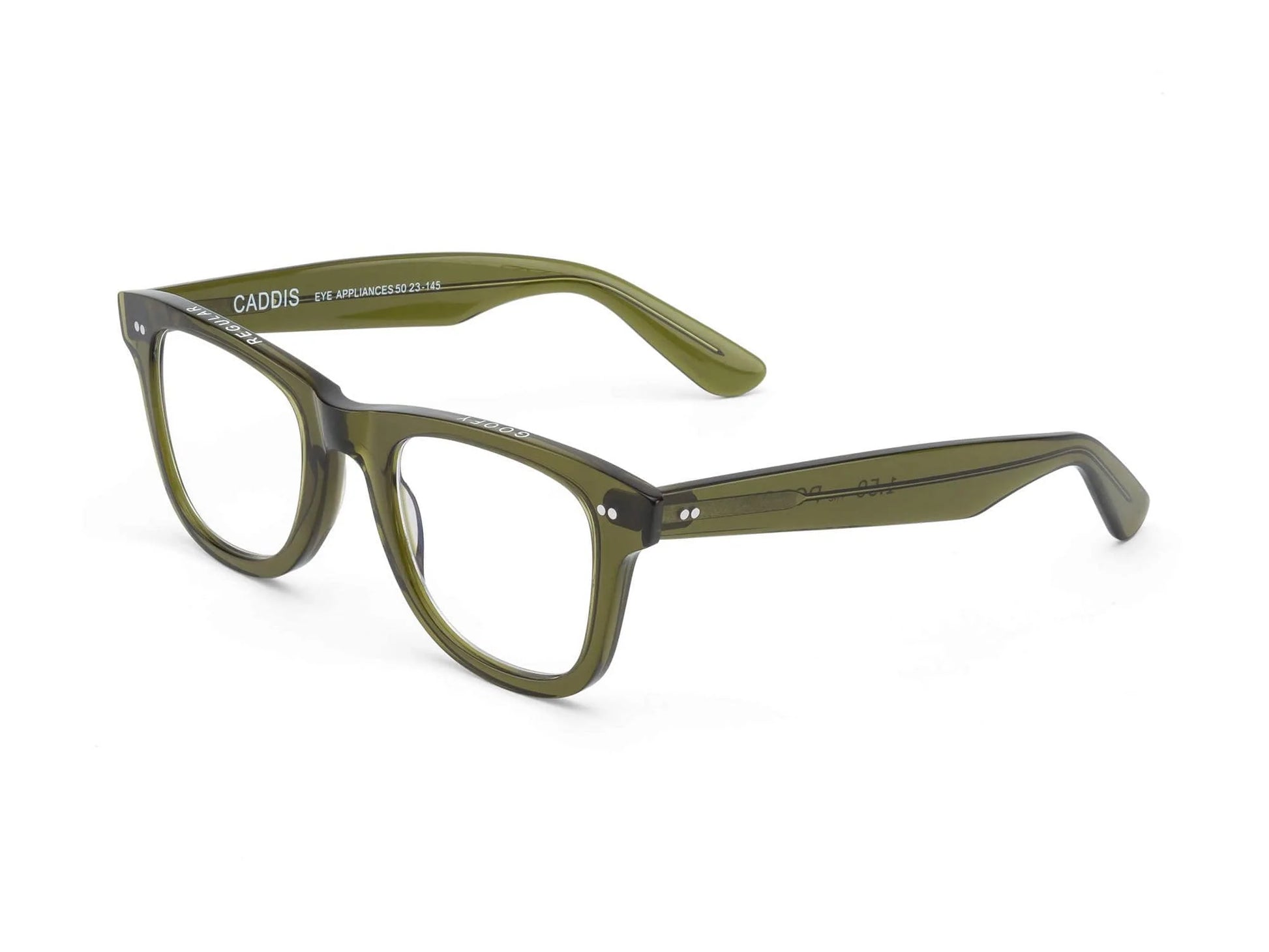 Olive green rectangular Porgy Backstage Readers by Caddis, featuring clear, scratch-resistant lenses and thick premium acetate frames; brand name and size printed inside the left arm.