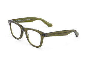 Olive green rectangular Porgy Backstage Readers by Caddis, featuring clear, scratch-resistant lenses and thick premium acetate frames; brand name and size printed inside the left arm.