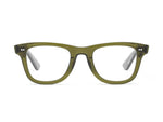Caddis presents Porgy Backstage Readers: olive green rectangular eyeglasses with clear lenses, featuring a double-dot on each frame's front. The stylish design includes engraved frames, subtly enhancing sophistication.